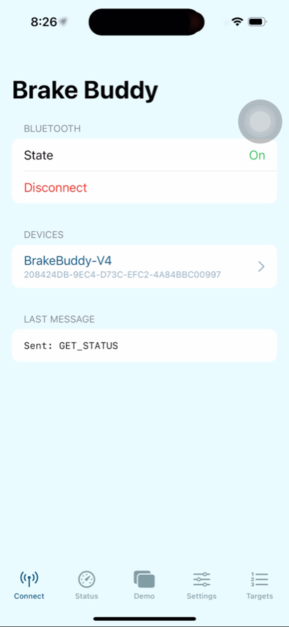 Brake Buddy BLE connection screen