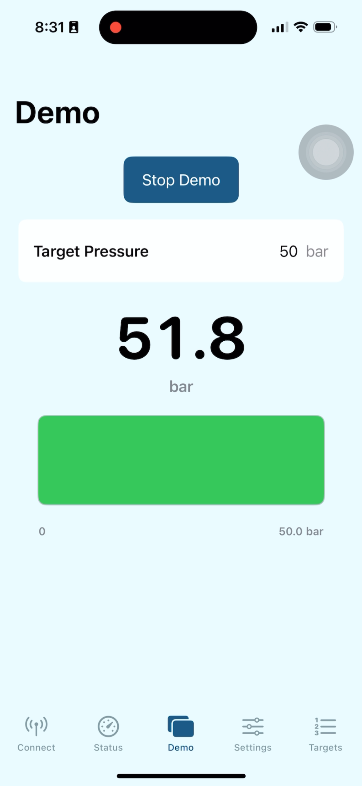 Brake Buddy live brake-pressure demonstration screen