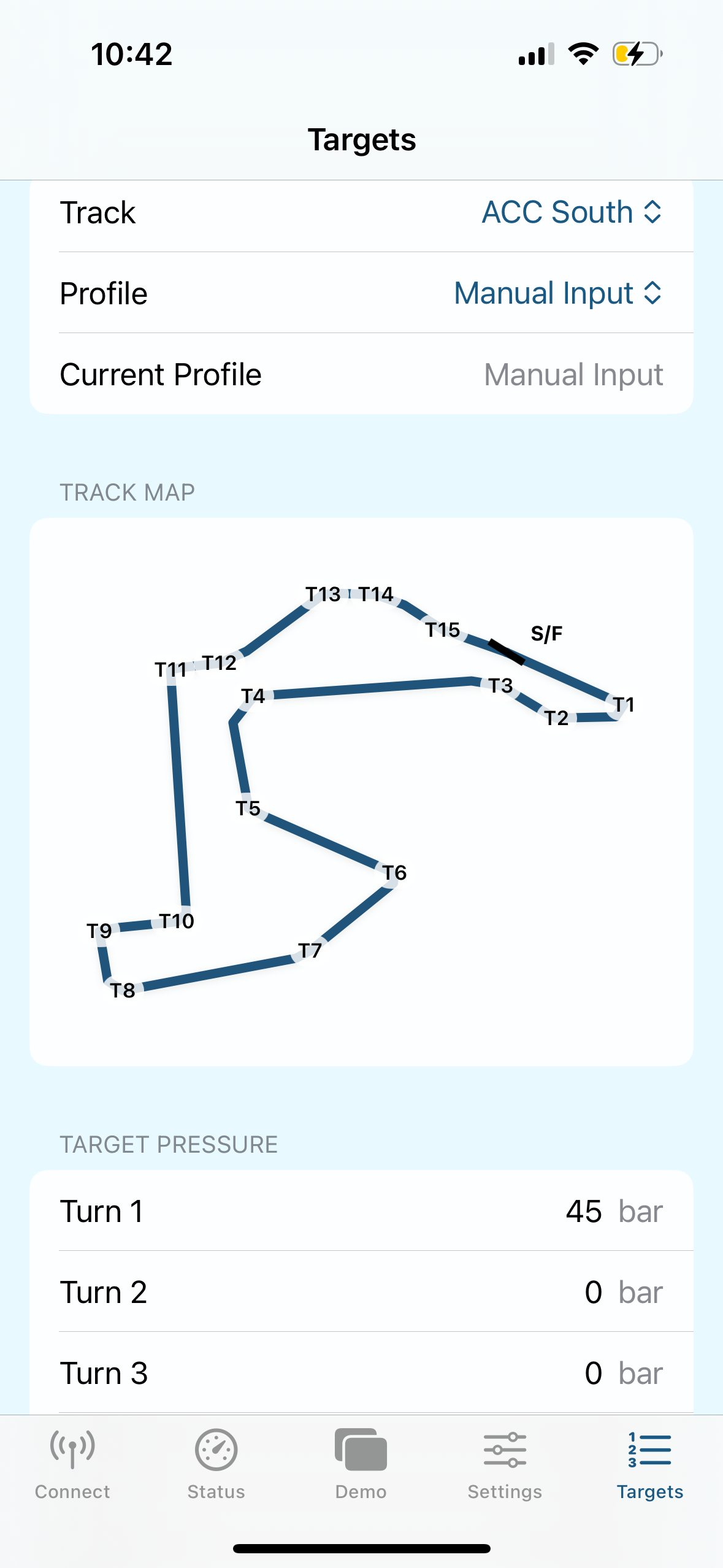 Brake Buddy track map and corner-specific target pressure screen