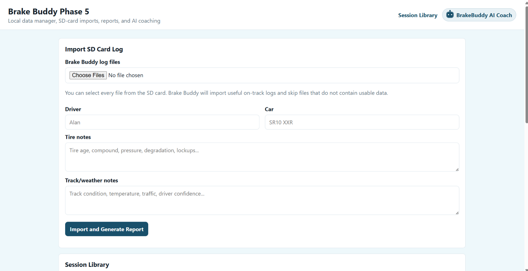 Brake Buddy local data manager showing the SD-card import workflow